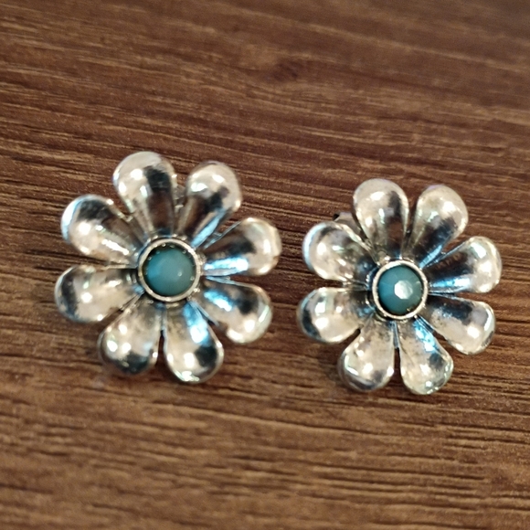 IMPERIAL Art Silver Tone Turquoise Flower Stud Earrings Boho Southwestern Daisy - Picture 6 of 6